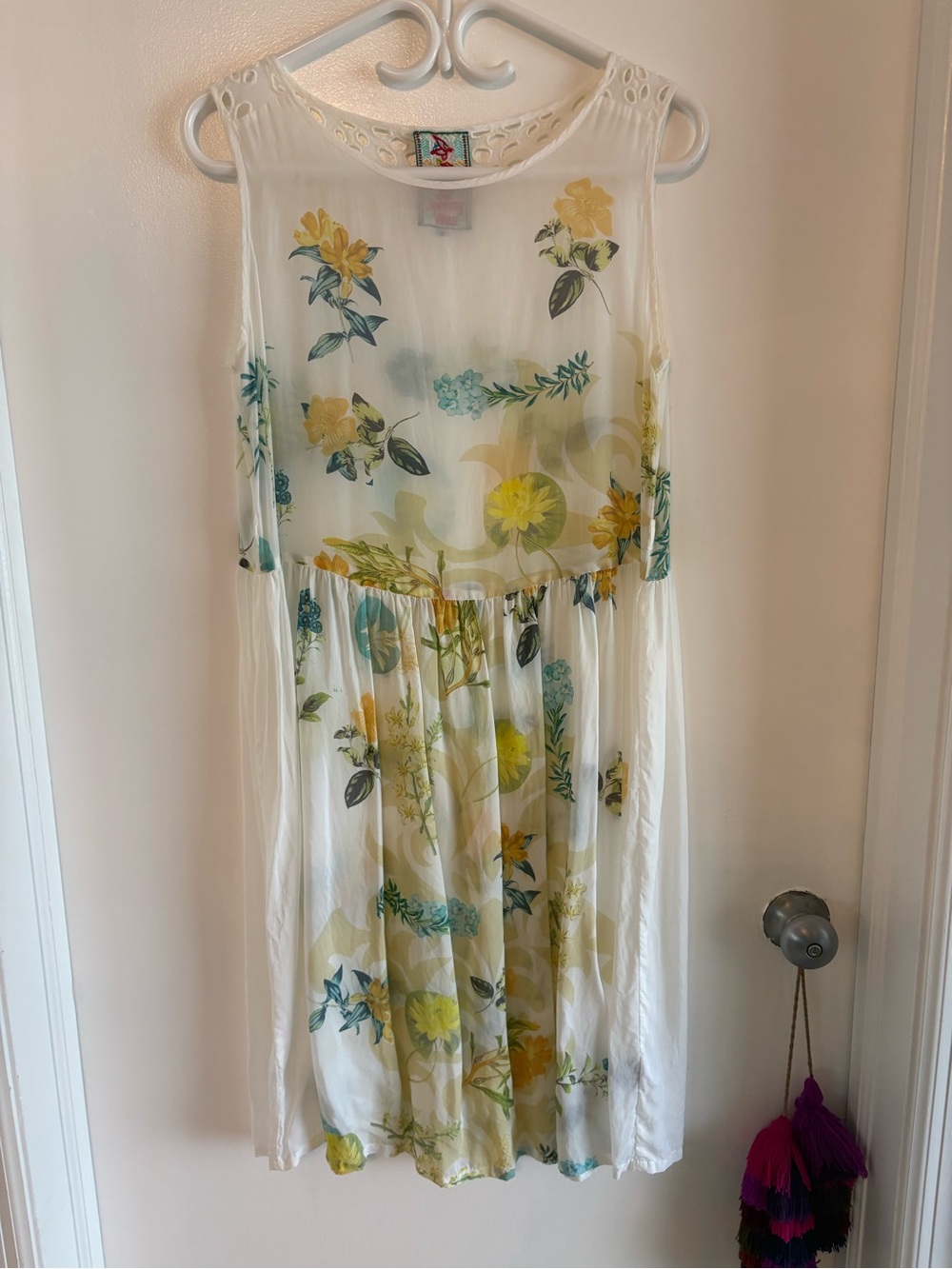 JOHNNY WAS Vintage Look Floral Print Sleeveless Dress. Sheer!  White Yellow